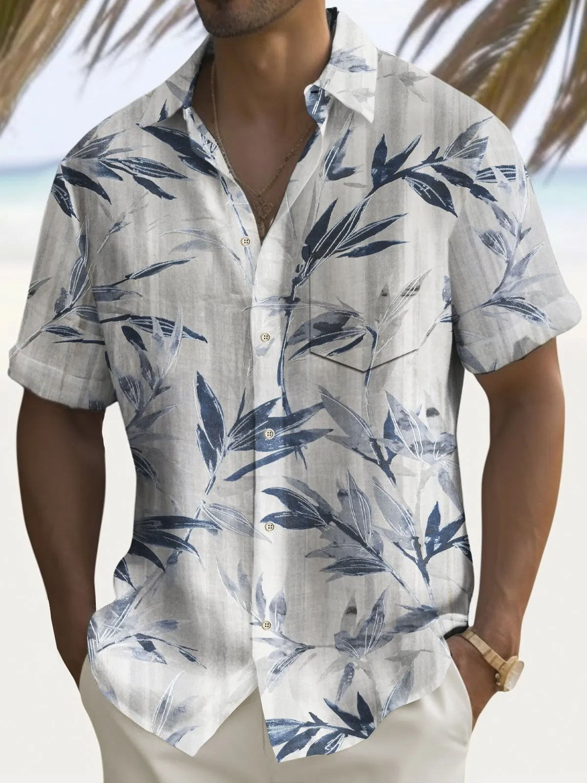 Alohadaddy Beach Vacation Men's Hawaiian Shirt Bamboo Print Pocket Camping Shirt Big Tall
