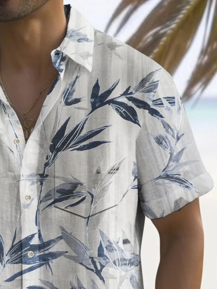 Alohadaddy Beach Vacation Men's Hawaiian Shirt Bamboo Print Pocket Camping Shirt Big Tall