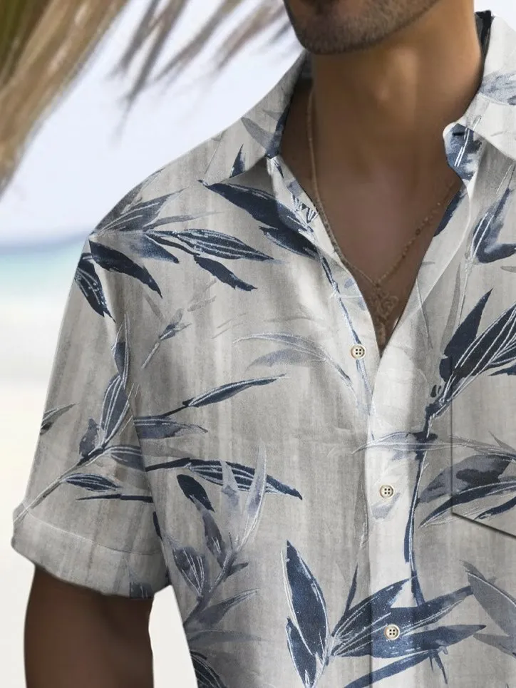 Alohadaddy Beach Vacation Men's Hawaiian Shirt Bamboo Print Pocket Camping Shirt Big Tall