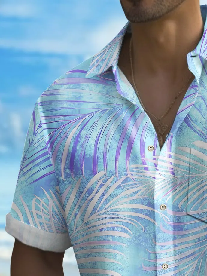 Alohadaddy Beach Vacation Men's Hawaiian Shirt Gradient Botanical Print Stretch Pocket Camping Shirt Big Tall