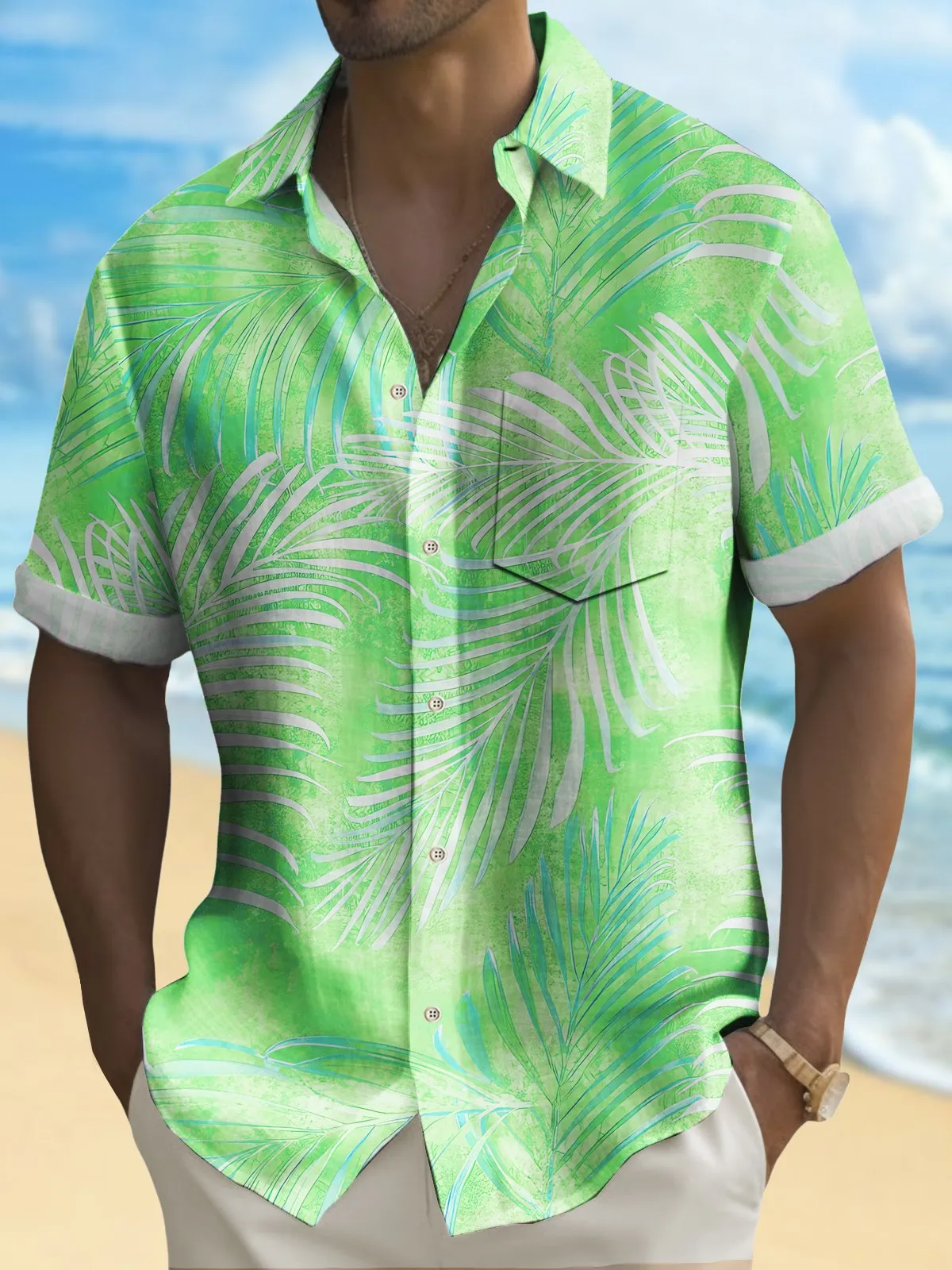 Alohadaddy Beach Vacation Men's Hawaiian Shirt Gradient Botanical Print Stretch Pocket Camping Shirt Big Tall