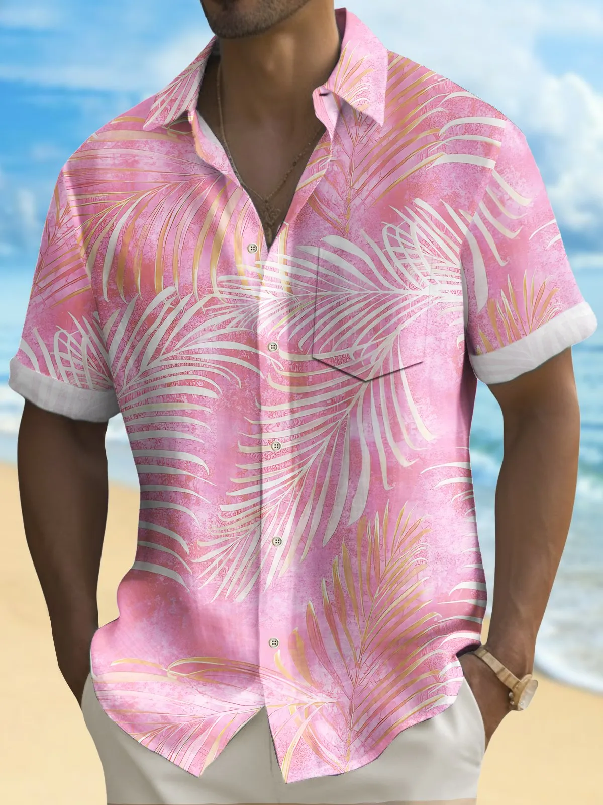 Alohadaddy Beach Vacation Men's Hawaiian Shirt Gradient Botanical Print Stretch Pocket Camping Shirt Big Tall