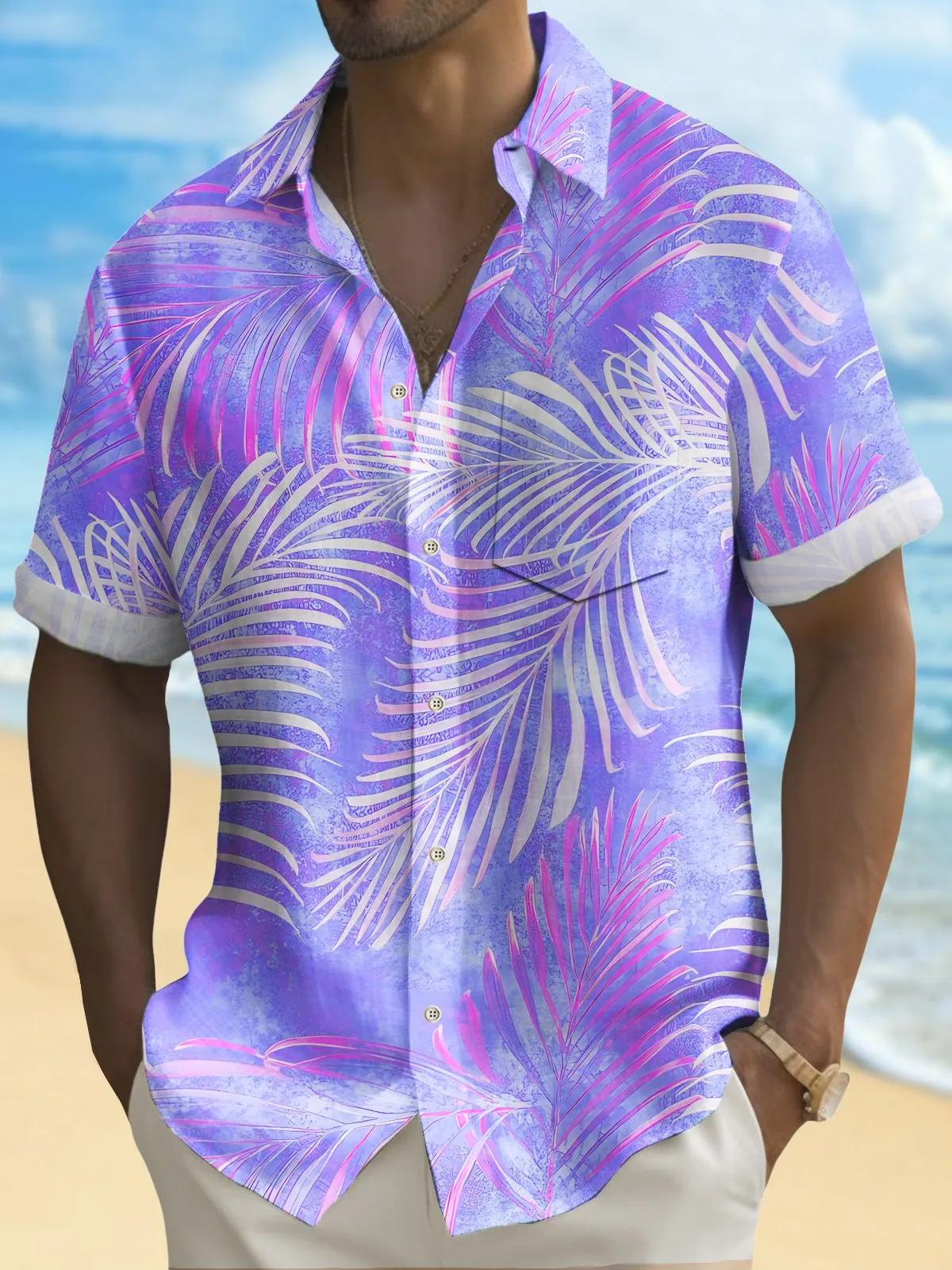 Alohadaddy Beach Vacation Men's Hawaiian Shirt Gradient Botanical Print Stretch Pocket Camping Shirt Big Tall