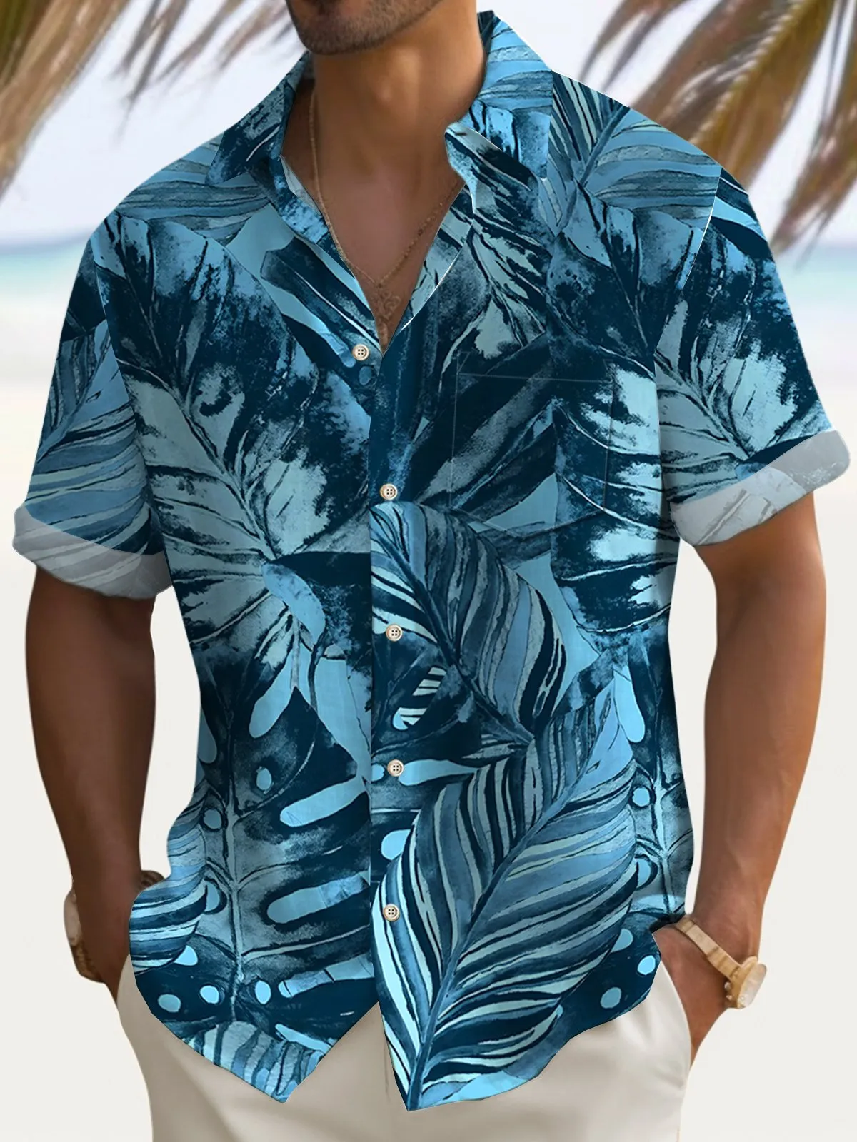 Alohadaddy Hawaiian Plant Leaf Print Men's Button Pocket Short Sleeve Shirt