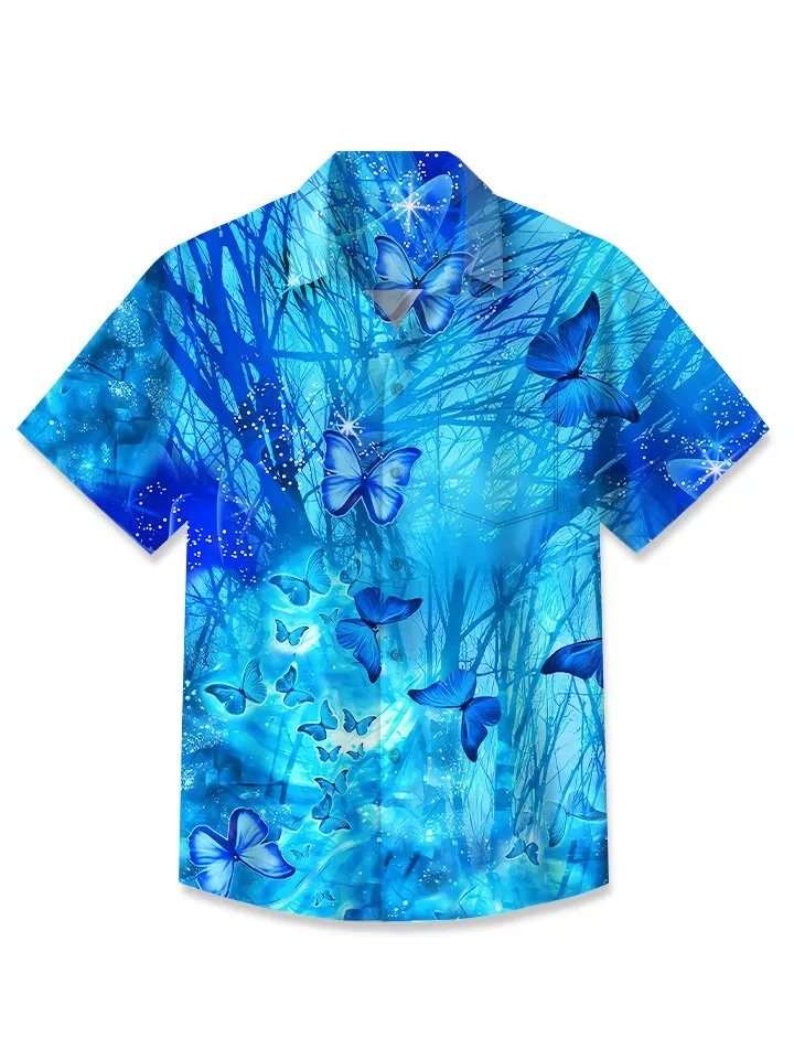 Alohadaddy Summer Butterfly Plant Ocean Pocket Button Vacation Men's Polyester Short Sleeve Shirt