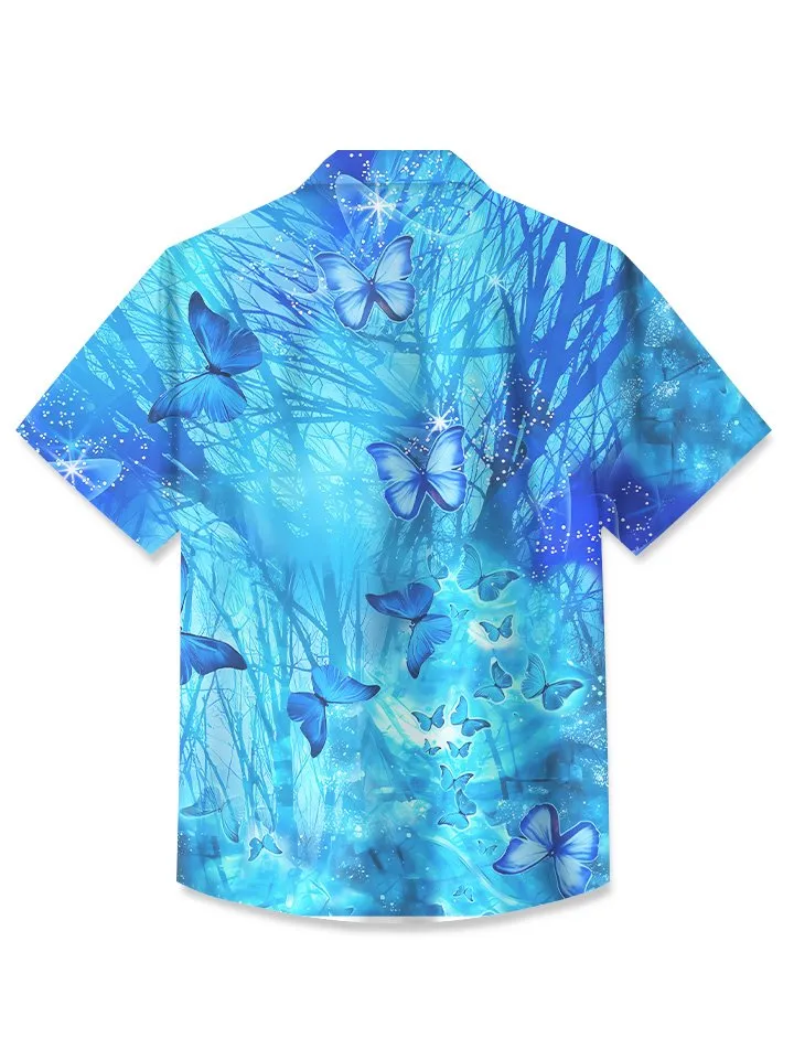 Alohadaddy Summer Butterfly Plant Ocean Pocket Button Vacation Men's Polyester Short Sleeve Shirt