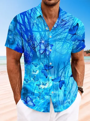 Alohadaddy Summer Butterfly Plant Ocean Pocket Button Vacation Men's Polyester Short Sleeve Shirt