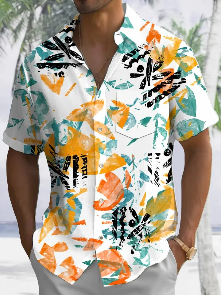 Alohadaddy Summer Flowers Leaves Art Pocket Buttons Leisure Vacation Men's Short Sleeve Shirt