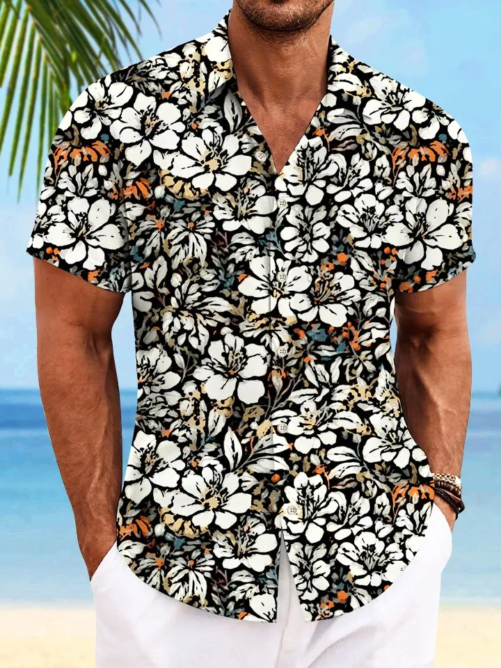 Alohadaddy Vintage Plant Flower Button Pocket Casual Short Sleeve Shirt