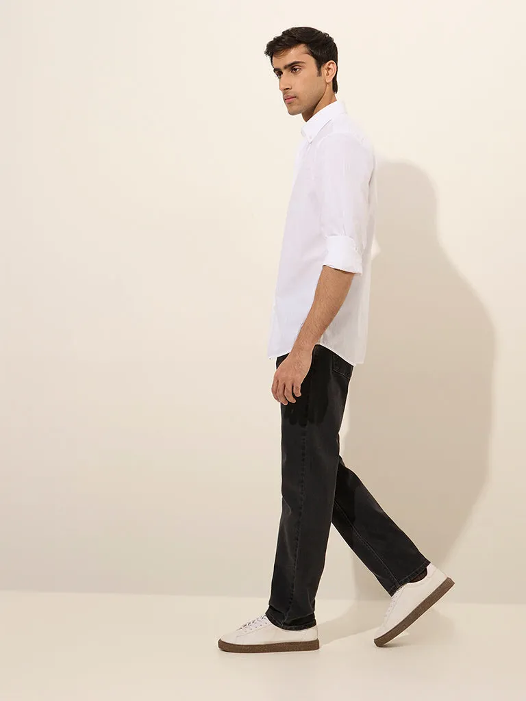 Ascot White Self-Striped Relaxed-Fit Cotton Shirt