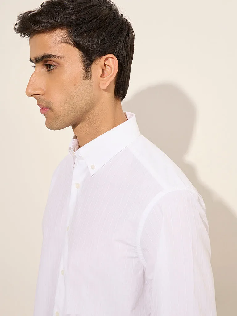 Ascot White Self-Striped Relaxed-Fit Cotton Shirt