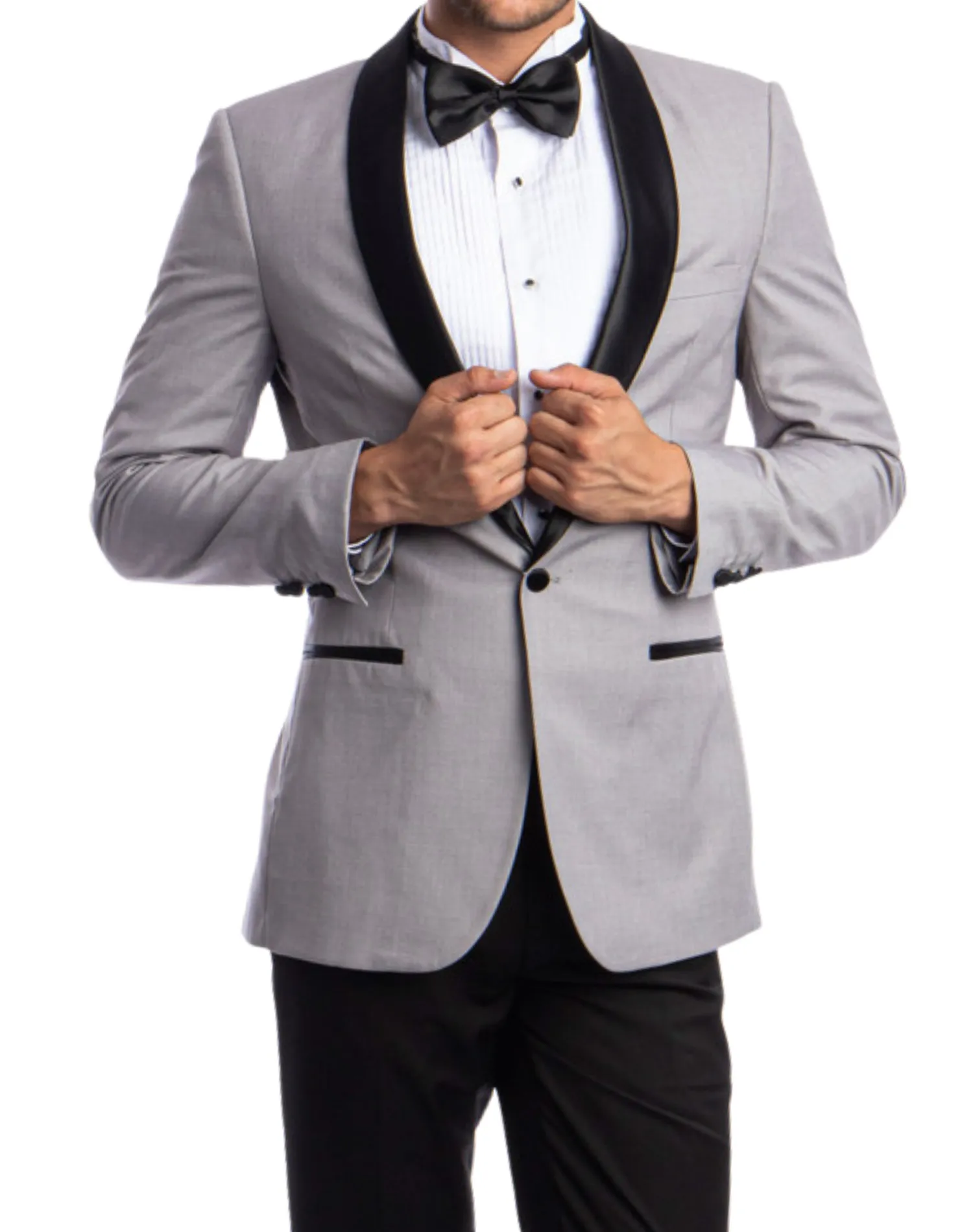 Azzuro Solid Slim Fit Tuxedo - Light Gray with Black