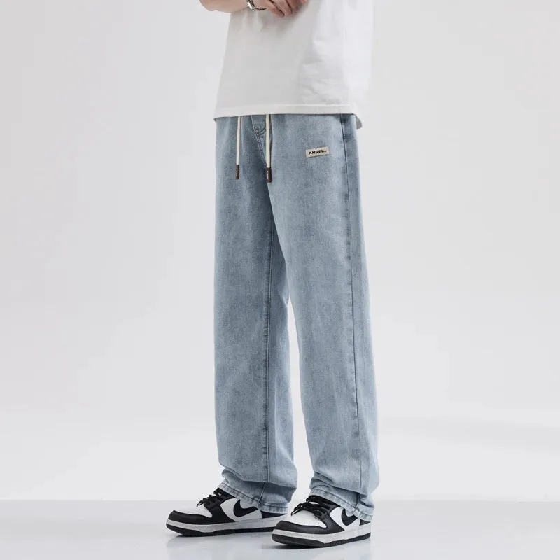 Baggy Jeans Men Loose Fit Wide Leg Pants Casual Elastic Waist 2024 Summer Denim Pants  Light Blue Men's Trousers Jeans Hombre