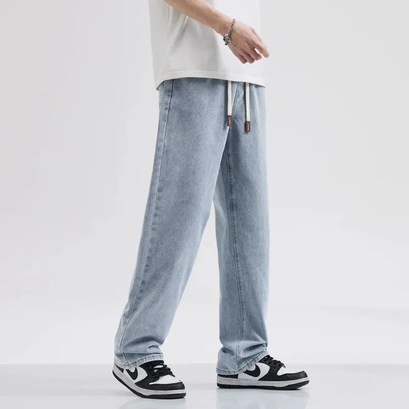Baggy Jeans Men Loose Fit Wide Leg Pants Casual Elastic Waist 2024 Summer Denim Pants  Light Blue Men's Trousers Jeans Hombre