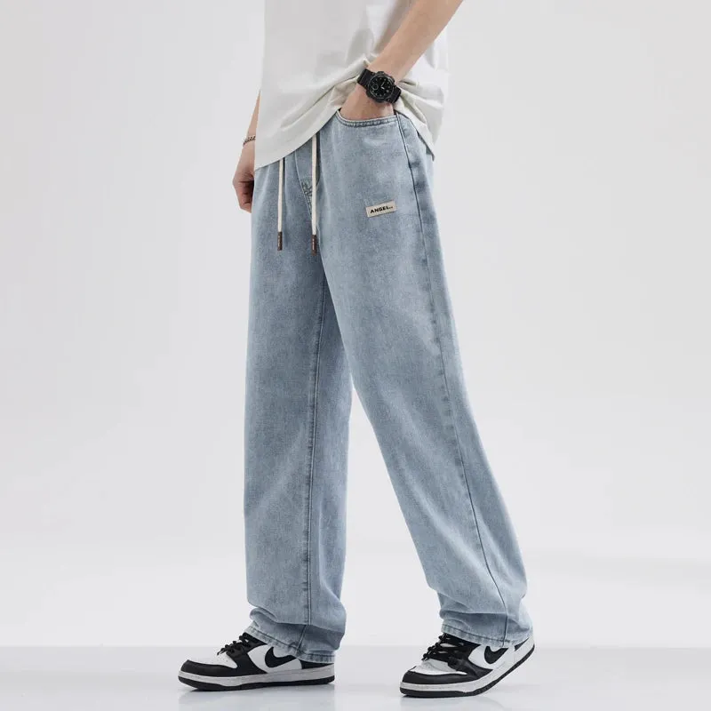 Baggy Jeans Men Loose Fit Wide Leg Pants Casual Elastic Waist 2024 Summer Denim Pants  Light Blue Men's Trousers Jeans Hombre