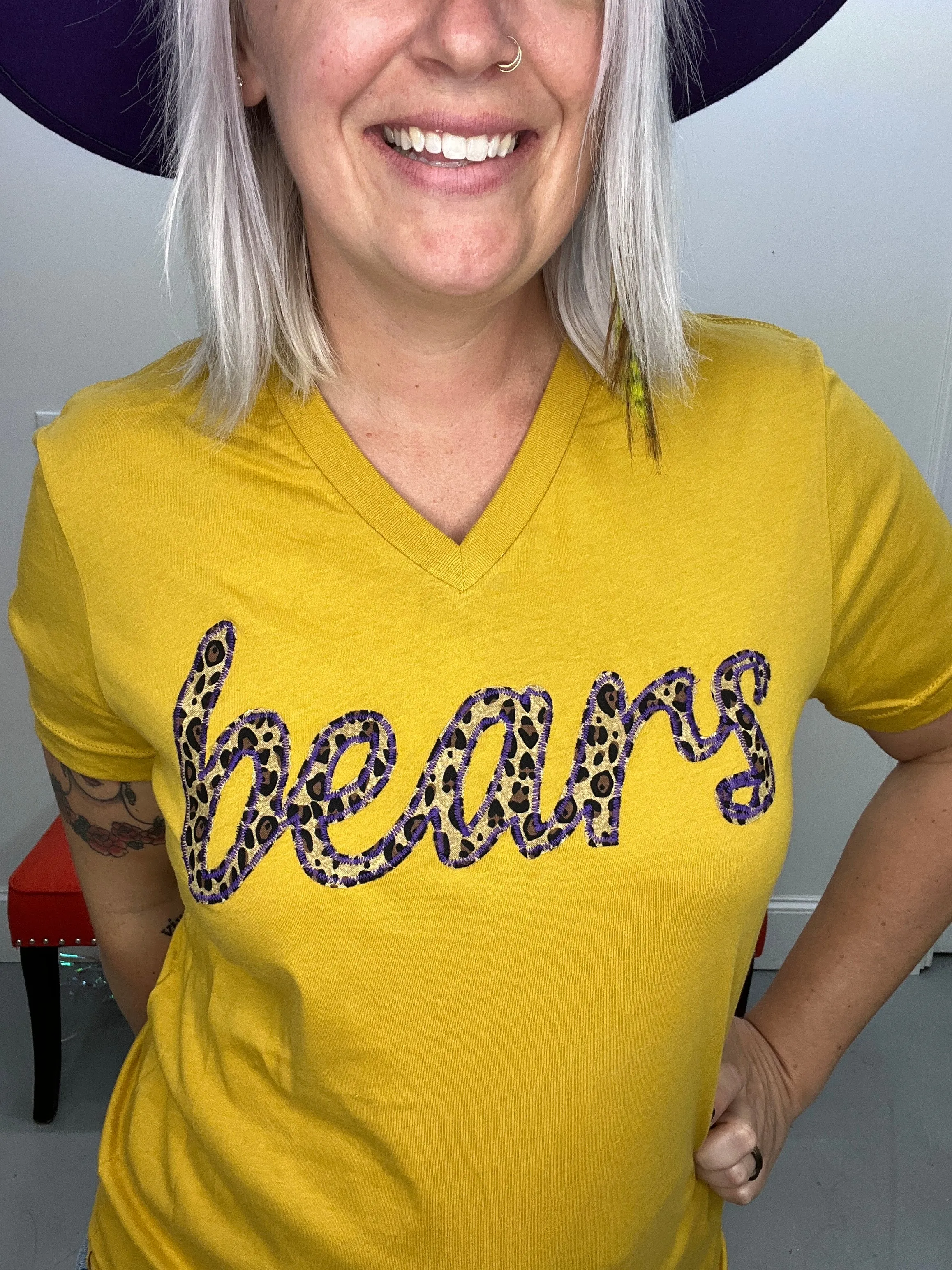Bears Cursive Leopard Vneck Tee