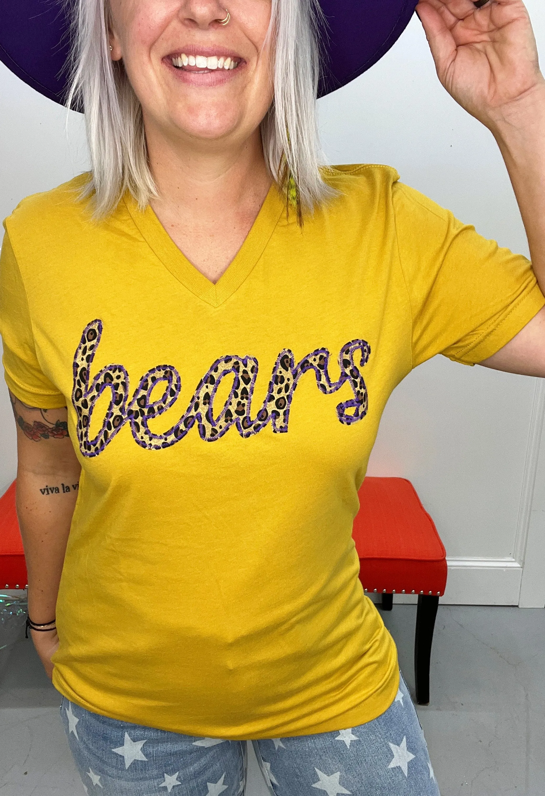 Bears Cursive Leopard Vneck Tee