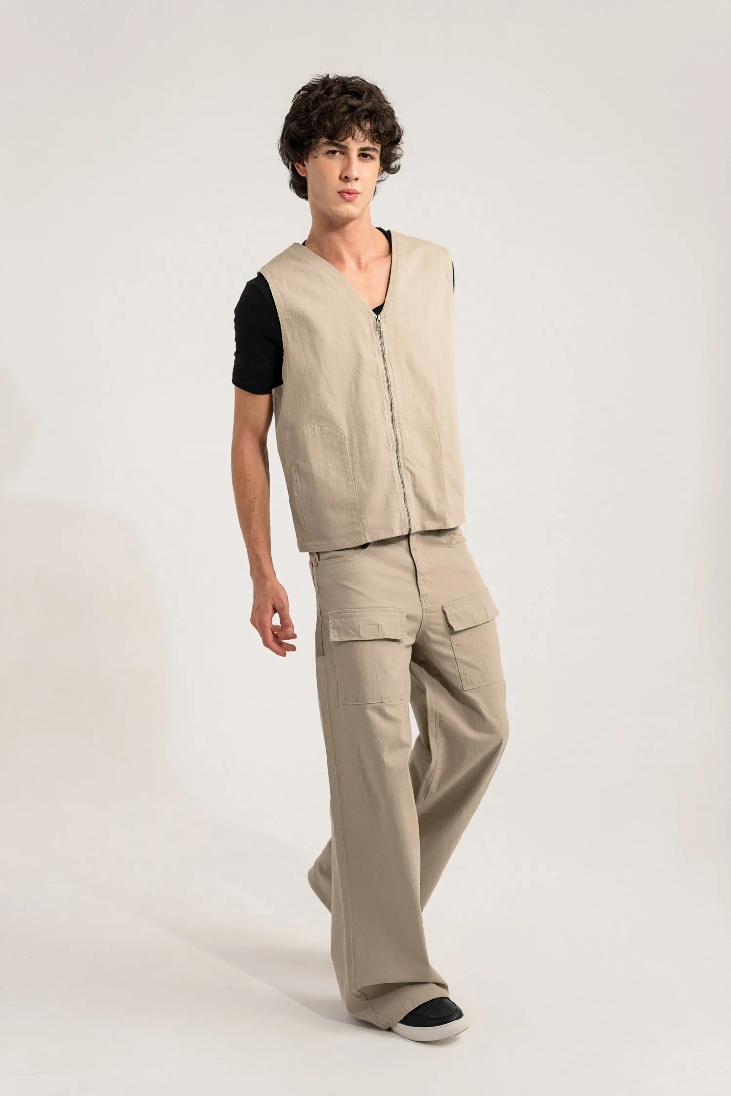 Beige Regular Fit Sleeveless Jacket