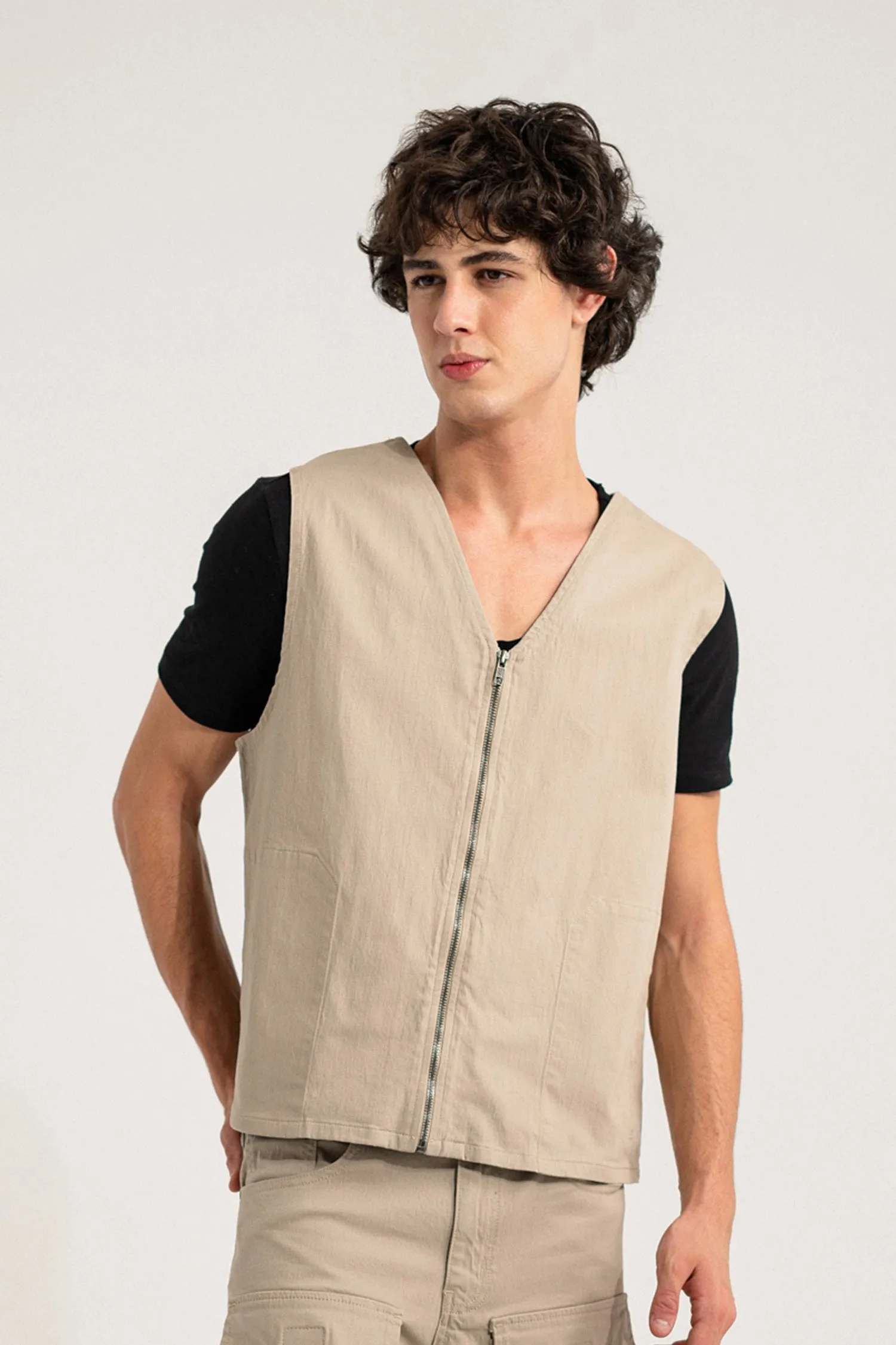 Beige Regular Fit Sleeveless Jacket