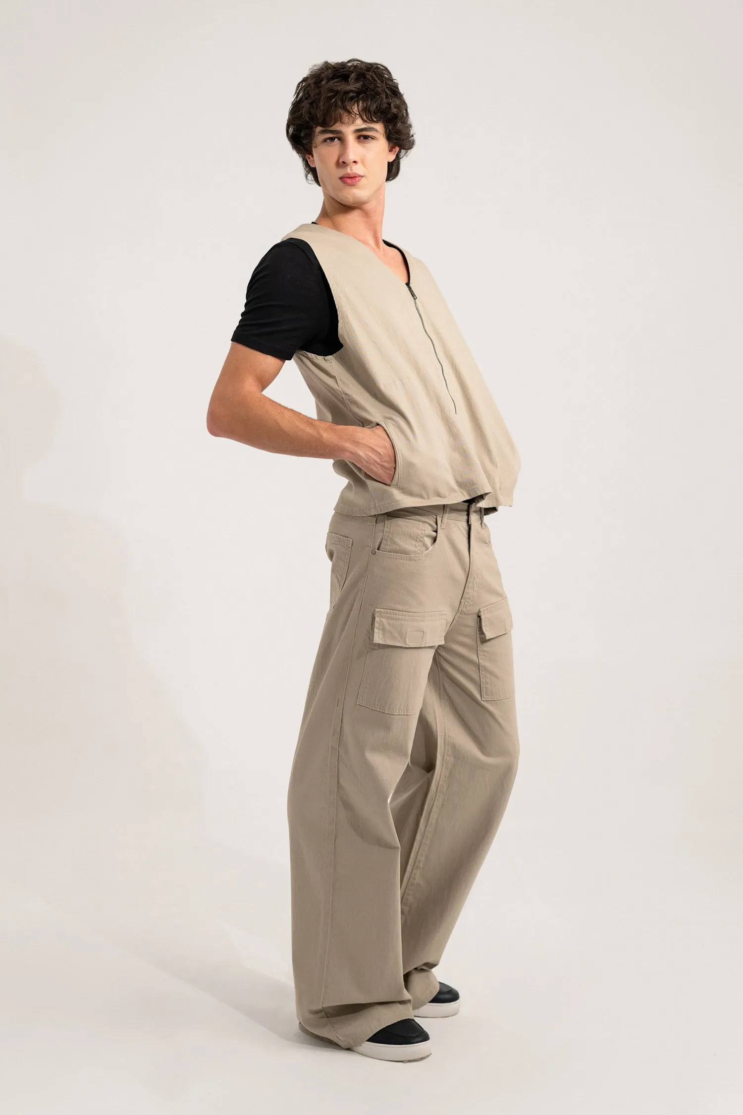 Beige Regular Fit Sleeveless Jacket