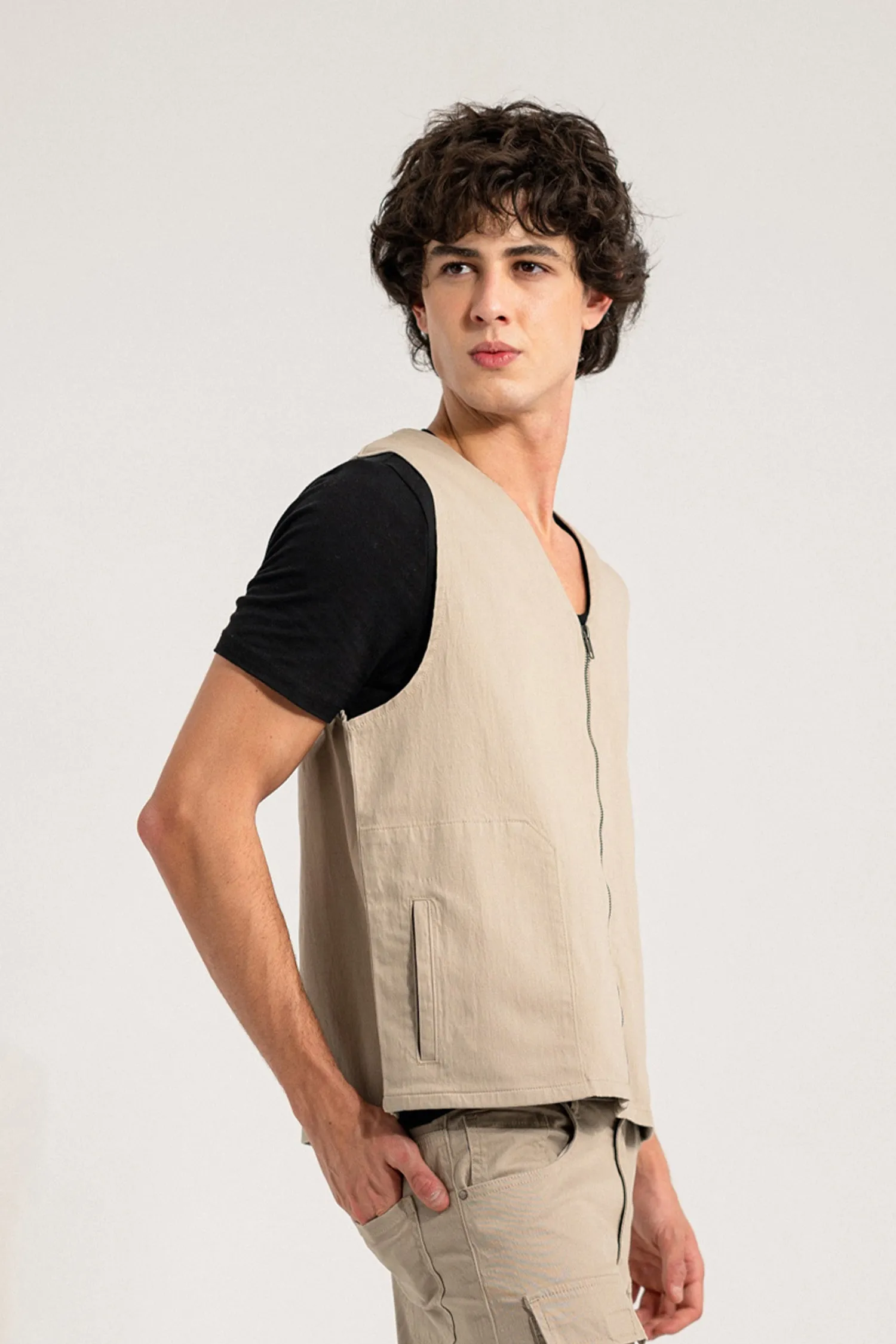 Beige Regular Fit Sleeveless Jacket