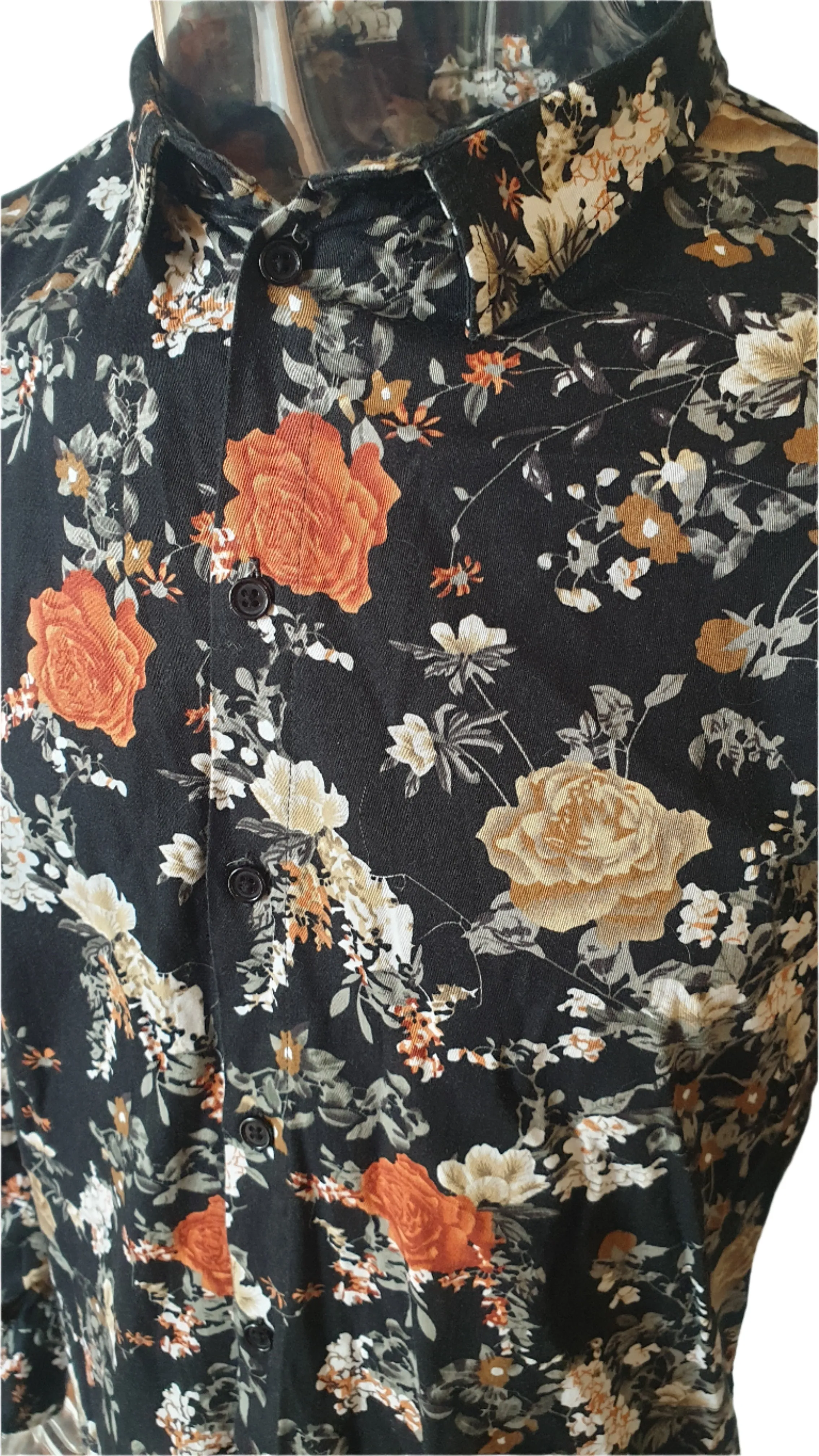 Black Floral Long Sleeved Mens Shirt (Medium)