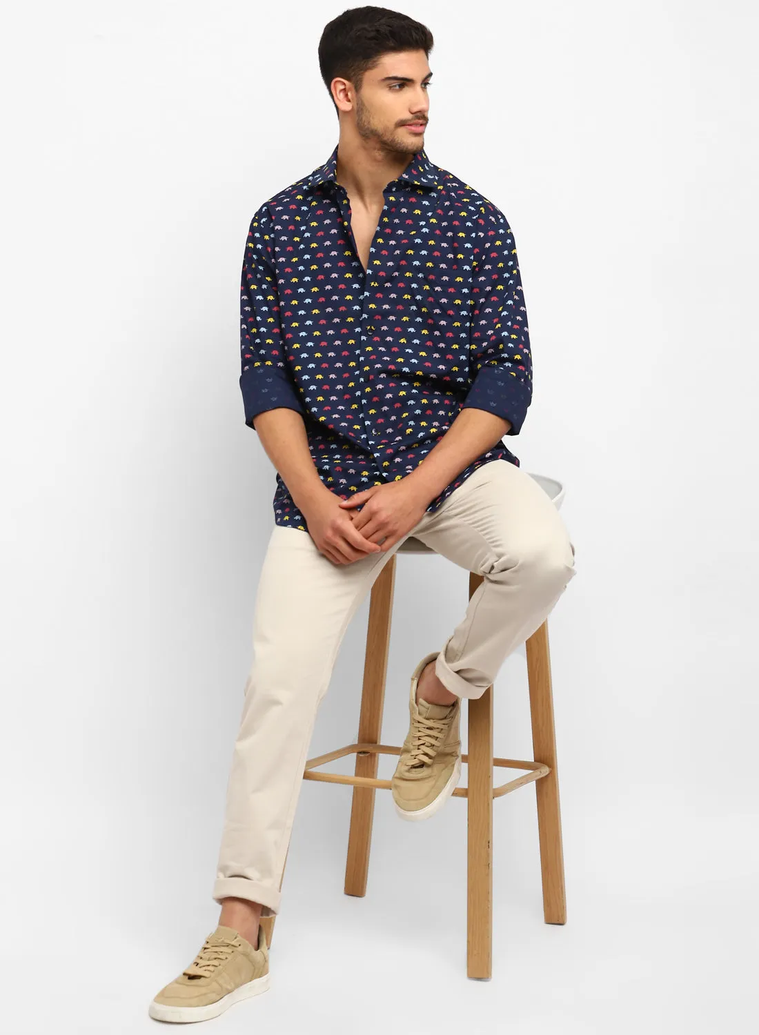 Blue Cotton Printed Full Sleeve Shirt