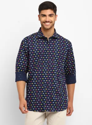Blue Cotton Printed Full Sleeve Shirt