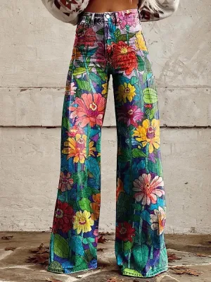 Brooklyn - Relaxed Fit Daisy Print Wide Leg Trousers