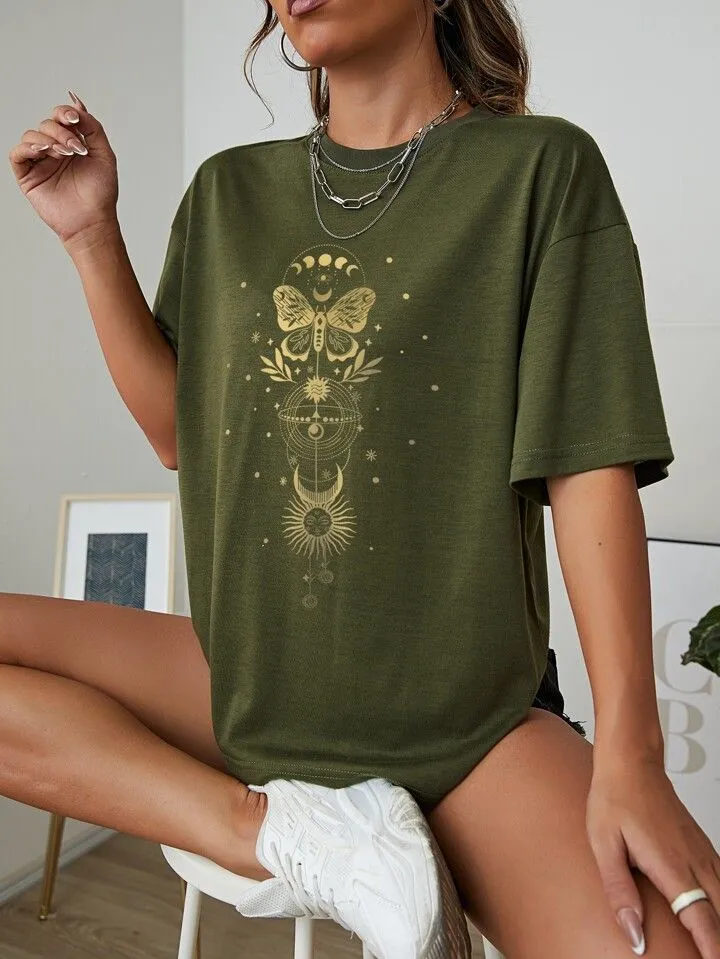 Butterfly Print Drop Shoulder Tee