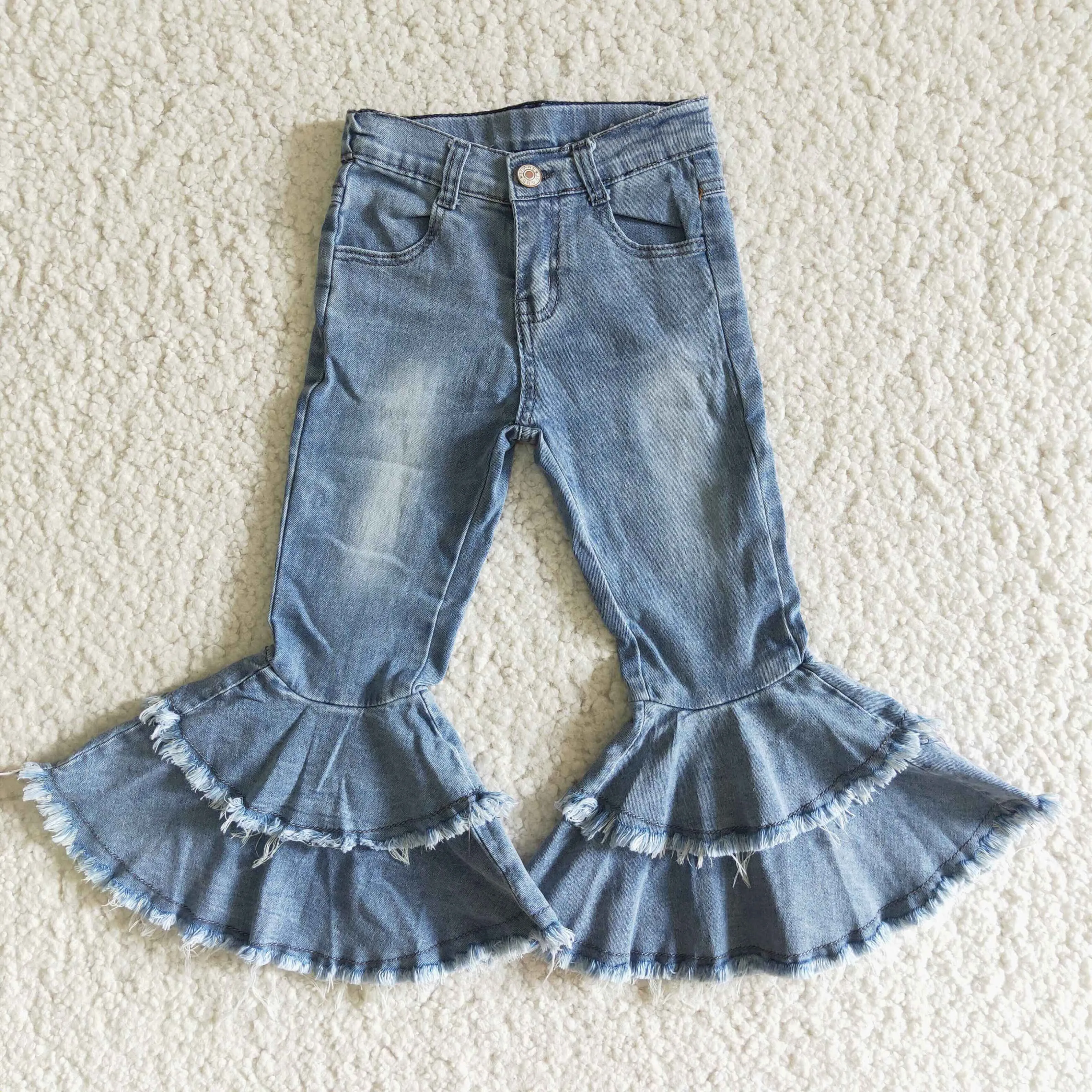 C5-15 Fashion girl bleached double ruffles denim jeans pants 202501 RTS