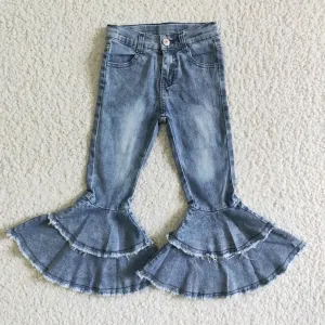 C5-15 Fashion girl bleached double ruffles denim jeans pants 202501 RTS