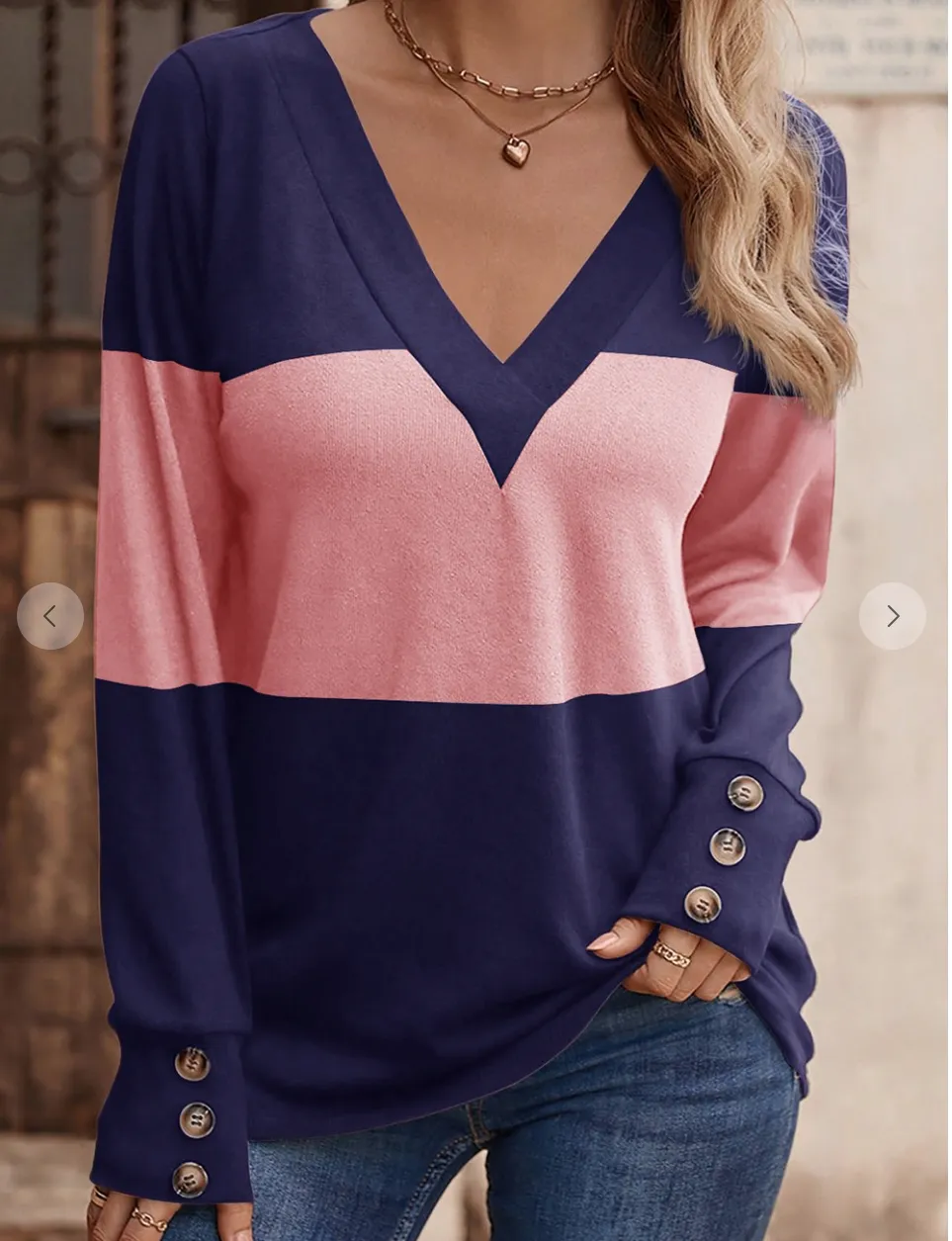 Colorblock Button Casual Vneck Long Sleeve