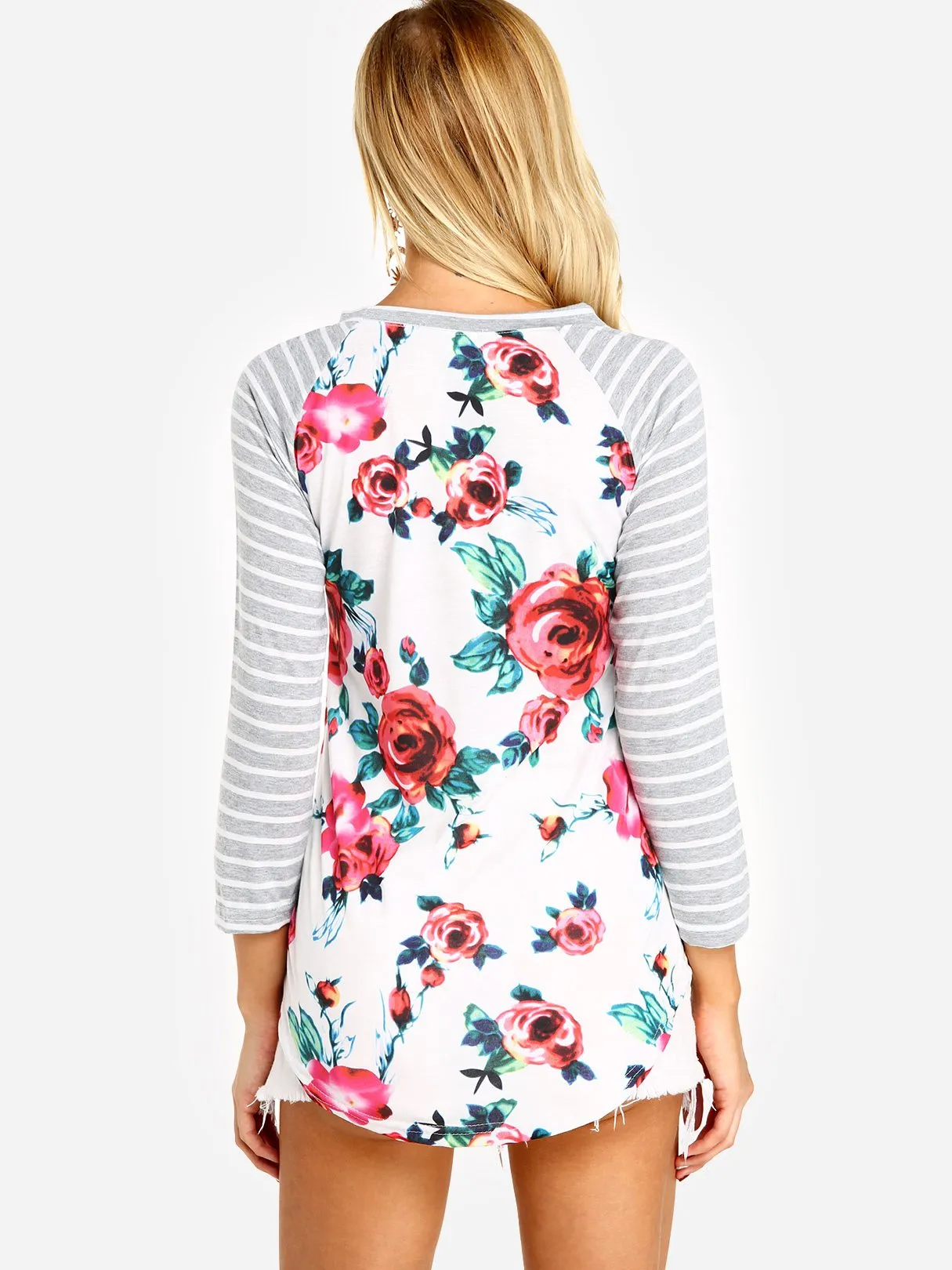 Custom Round Neck Stripe Floral Print Long Sleeve Curved Hem T-Shirts