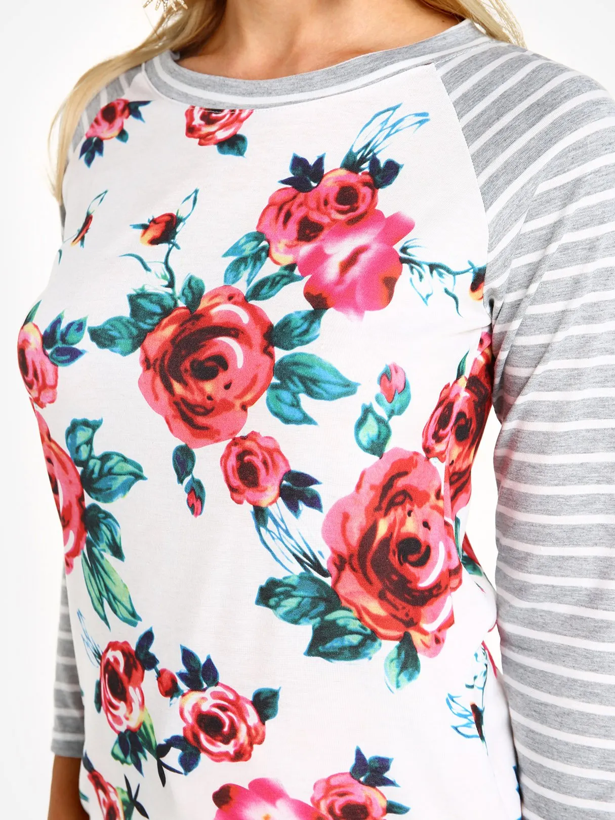 Custom Round Neck Stripe Floral Print Long Sleeve Curved Hem T-Shirts