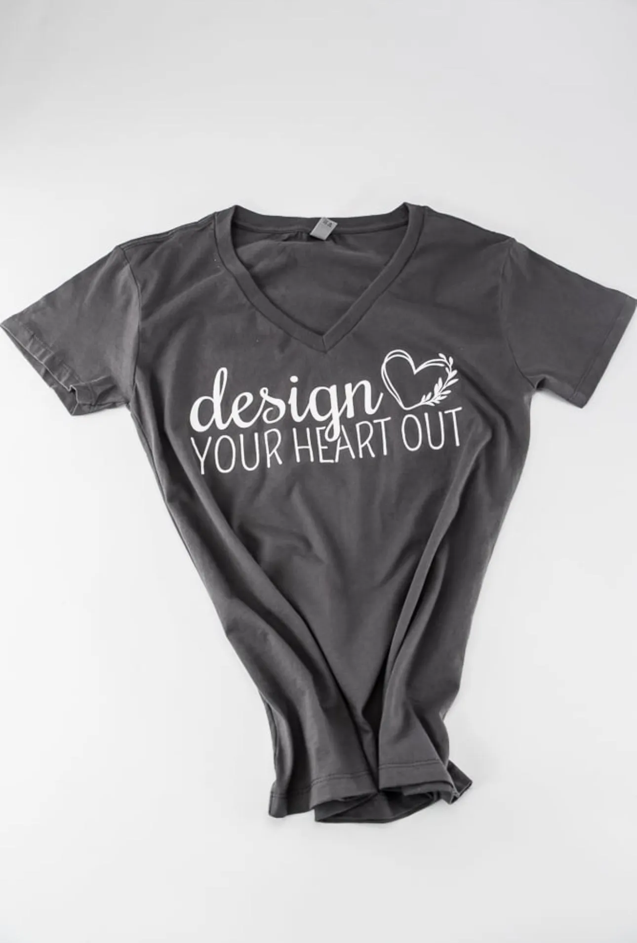 “Design your heart out” slate gray woman’s vneck - t-shirt