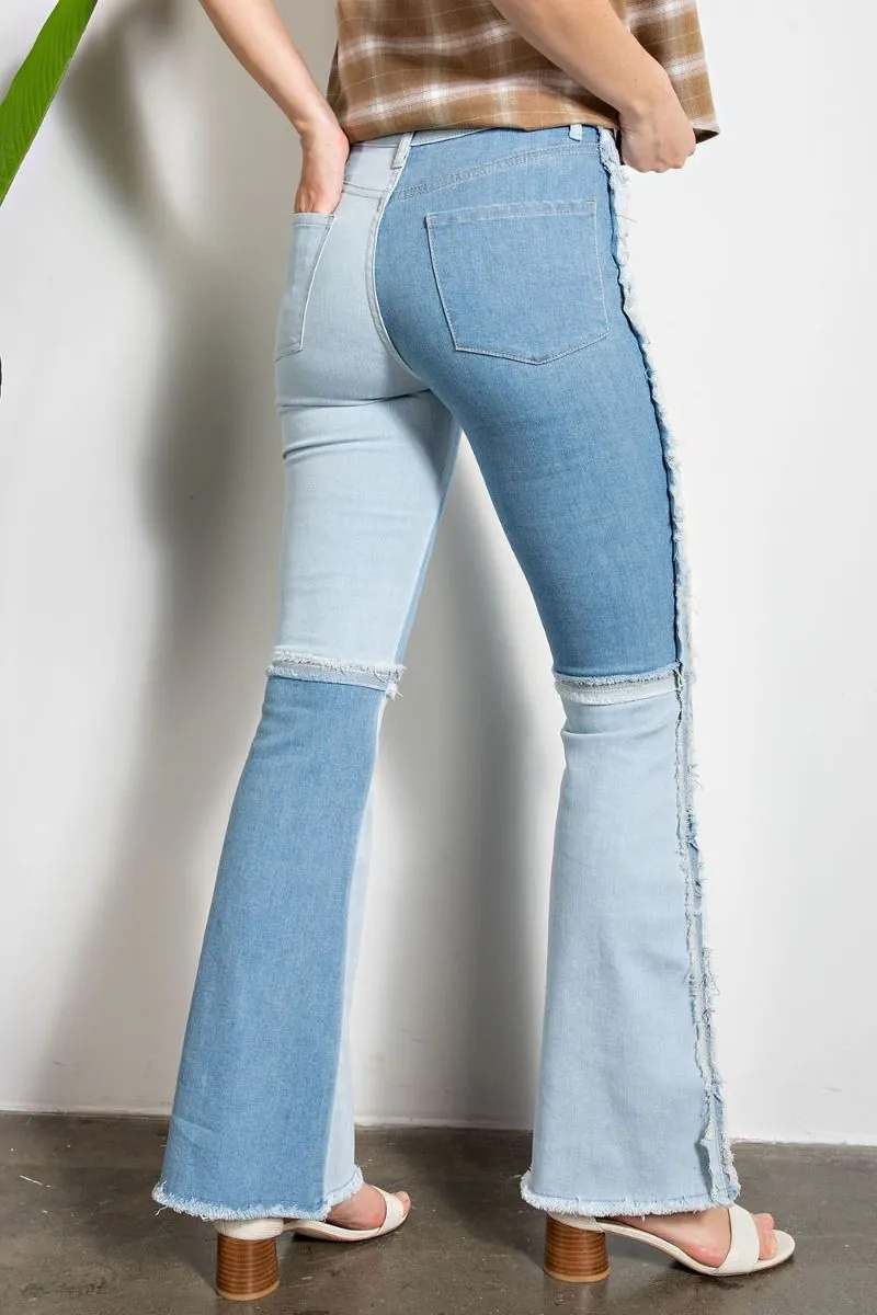 Easel Star Printed Distressed Washed Denim Raw Hem Pants by Sensual Fashion Boutique