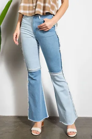 Easel Star Printed Distressed Washed Denim Raw Hem Pants by Sensual Fashion Boutique