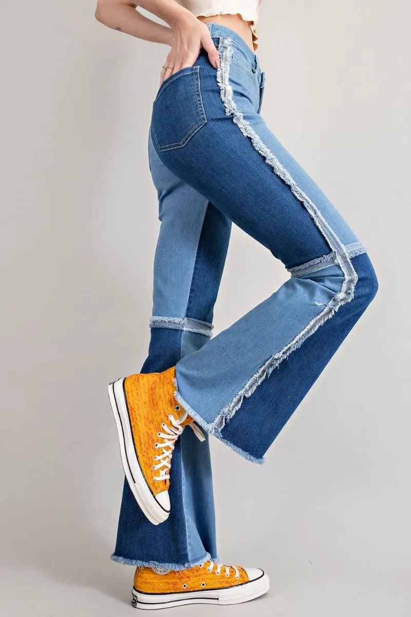 Easel Star Printed Distressed Washed Denim Raw Hem Pants by Sensual Fashion Boutique