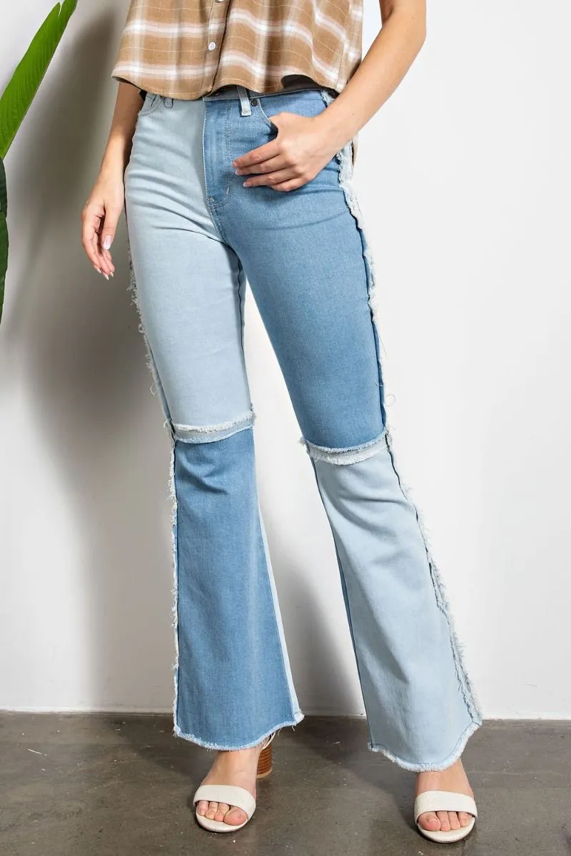 Easel Star Printed Distressed Washed Denim Raw Hem Pants by Sensual Fashion Boutique