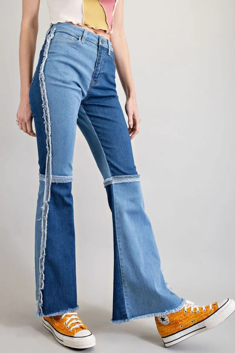 Easel Star Printed Distressed Washed Denim Raw Hem Pants by Sensual Fashion Boutique