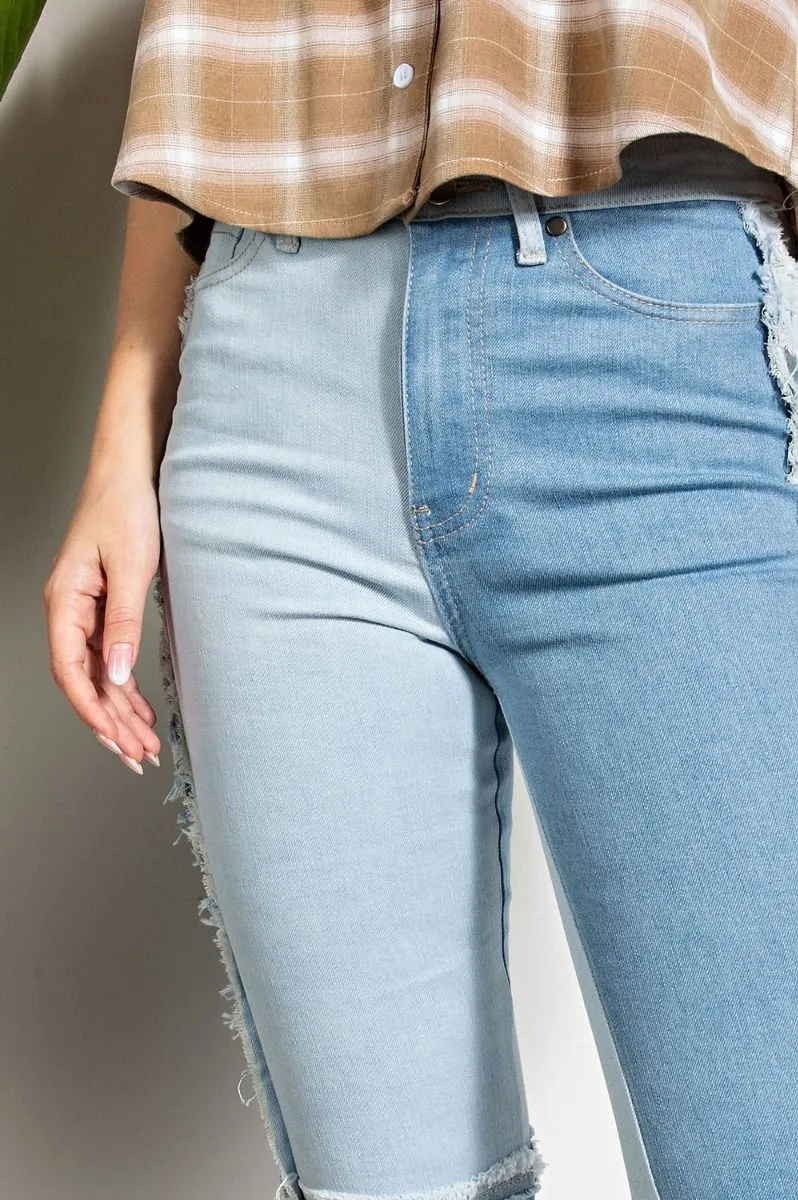 Easel Star Printed Distressed Washed Denim Raw Hem Pants by Sensual Fashion Boutique