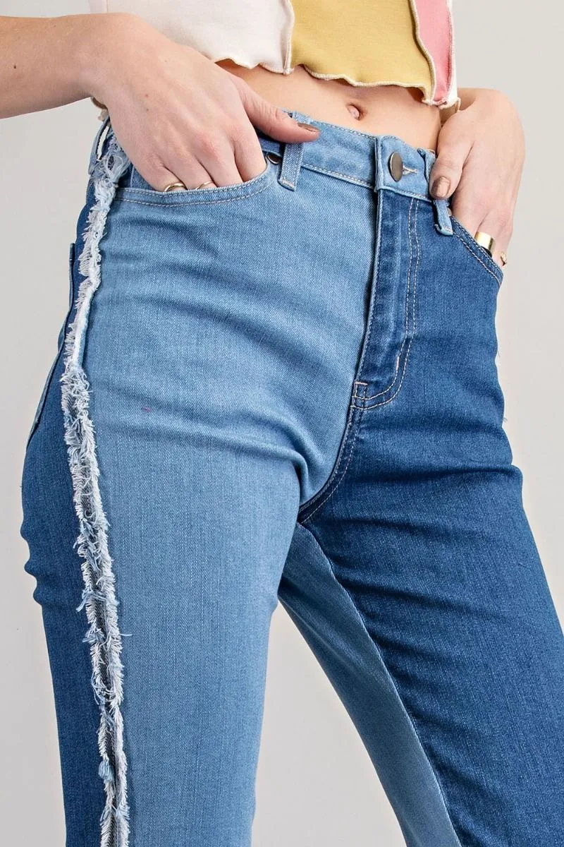 Easel Star Printed Distressed Washed Denim Raw Hem Pants by Sensual Fashion Boutique