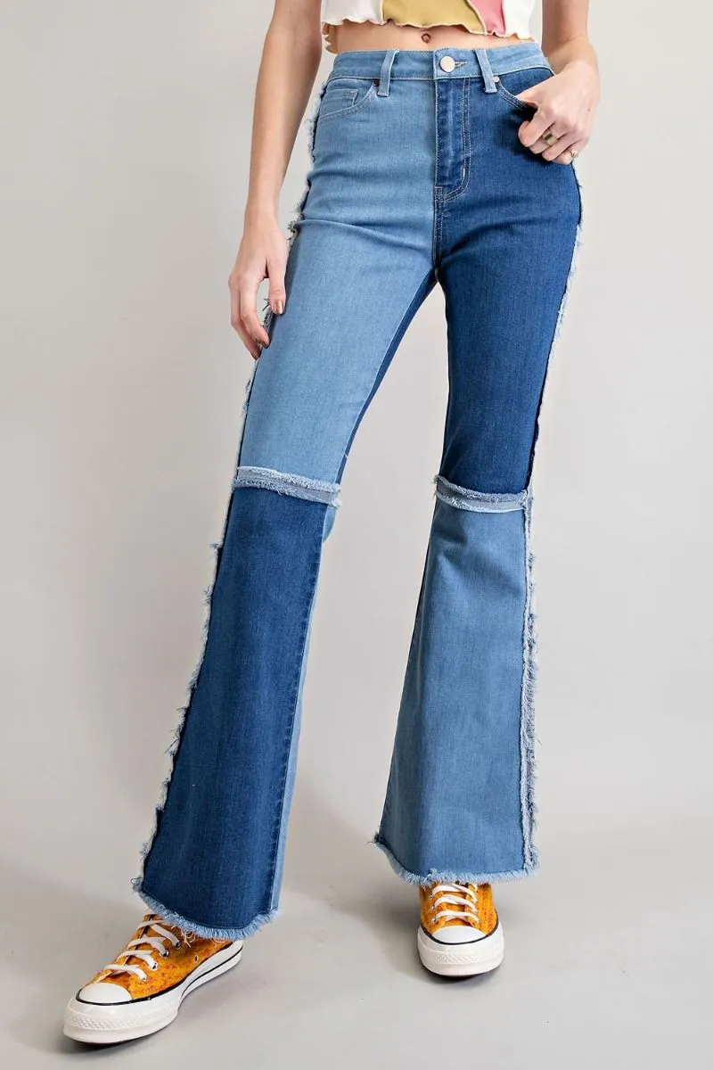 Easel Star Printed Distressed Washed Denim Raw Hem Pants by Sensual Fashion Boutique