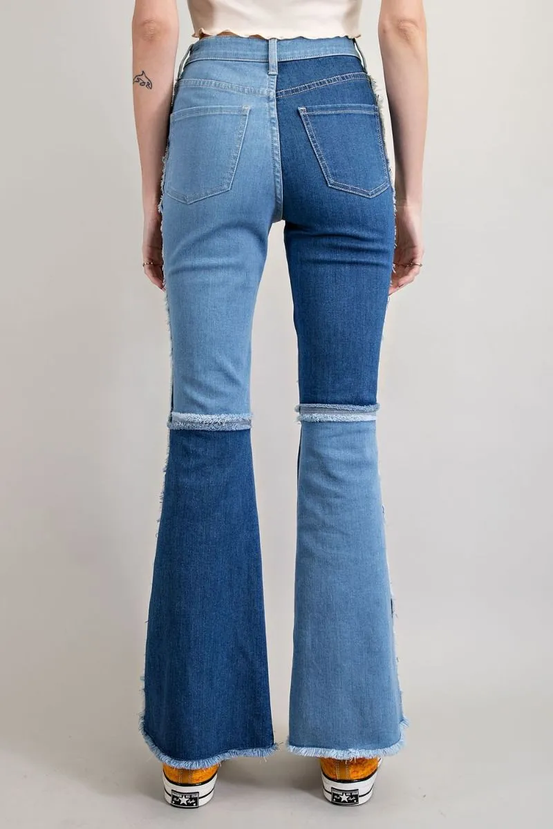 Easel Star Printed Distressed Washed Denim Raw Hem Pants by Sensual Fashion Boutique