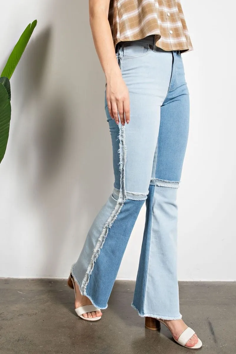 Easel Star Printed Distressed Washed Denim Raw Hem Pants by Sensual Fashion Boutique