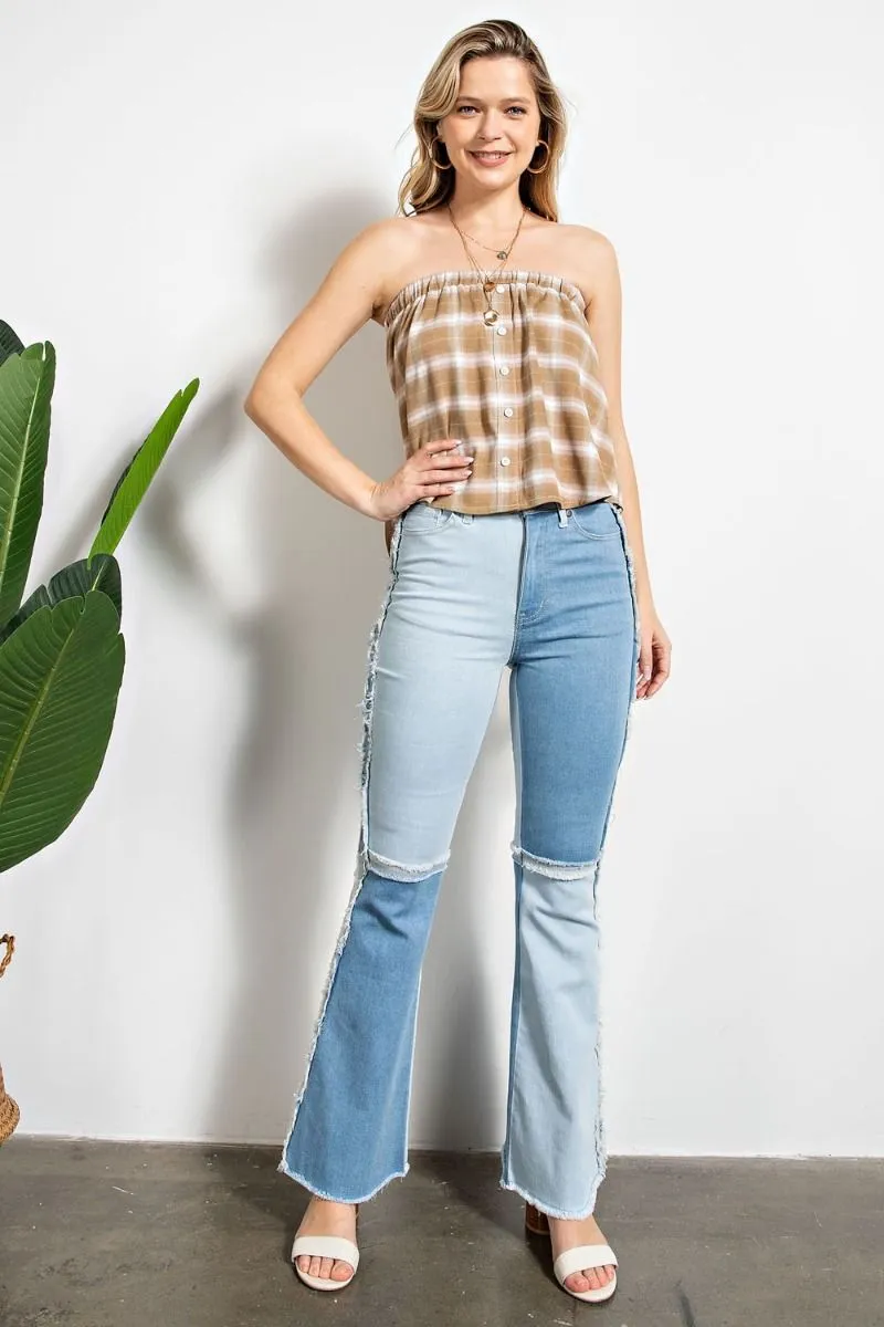 Easel Star Printed Distressed Washed Denim Raw Hem Pants by Sensual Fashion Boutique