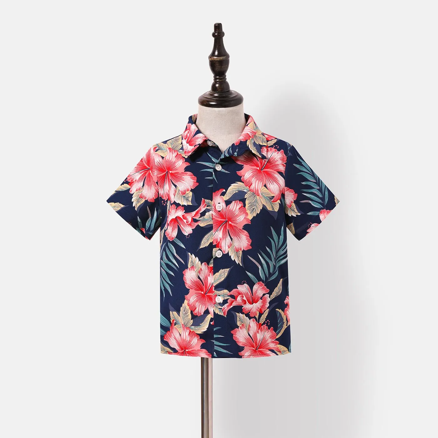Family Matching Allover Floral Print Halterneck Dresses and Short-sleeve Shirts Sets