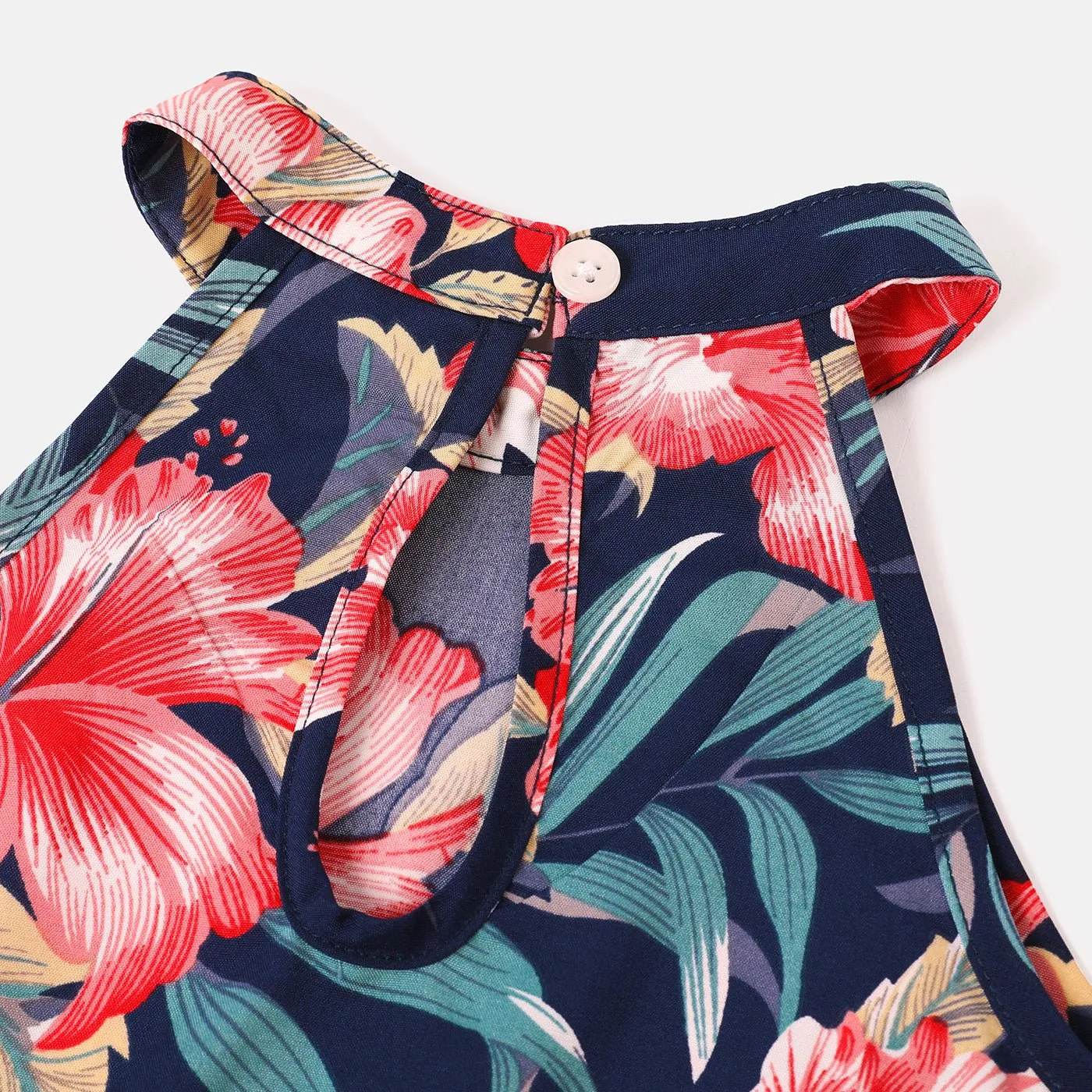 Family Matching Allover Floral Print Halterneck Dresses and Short-sleeve Shirts Sets