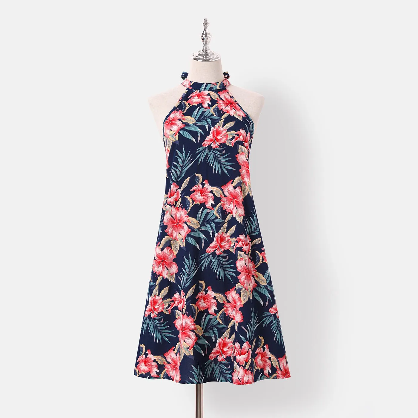 Family Matching Allover Floral Print Halterneck Dresses and Short-sleeve Shirts Sets